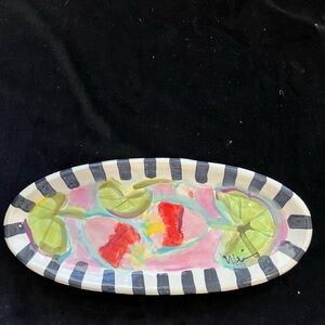 Handmmade Ceramic Serving Tray Lotus Buds Design On Pink13” x5.5”Original